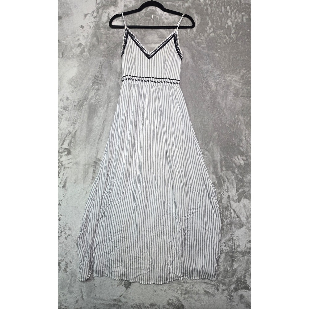 Japna Women Blue White Striped Embroidered Smocked Back Maxi Dress Small